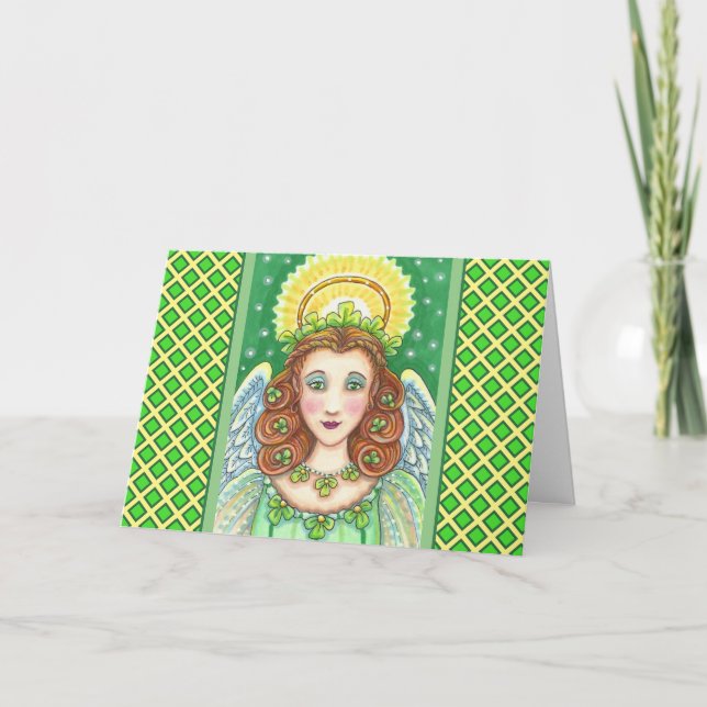 ST. PATRICK'S DAY SHAMROCK ANGEL, IRISH BLESSINGS HOLIDAY CARD (Front)