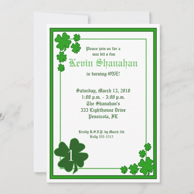 St. Patrick's Day Shamrock Birthday Invitation 5x7 (Front)