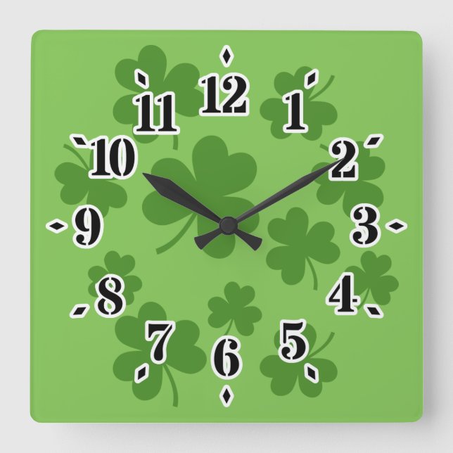 St Patrick's Day Shamrock Clover Pattern Square Wall Clock (Front)