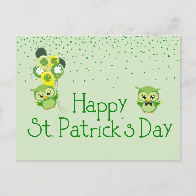 St. Patrick's Day Shamrock Cute Green Owls Postcard (Front)