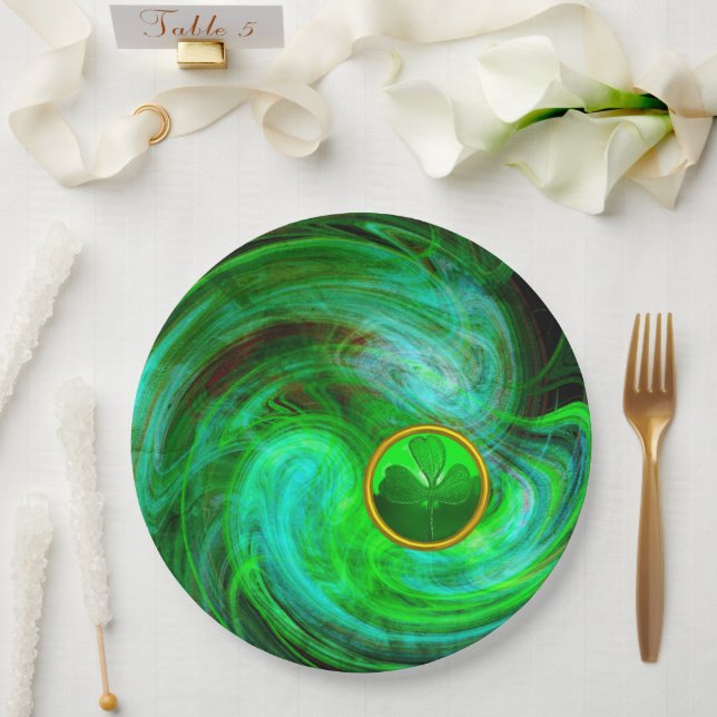 ST PATRICKS DAY SHAMROCK IN BLUE GREEN FRACTALS PAPER PLATE (Wedding)