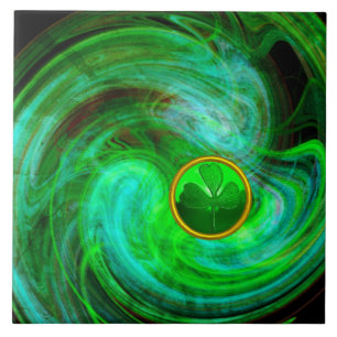 ST PATRICKS DAY SHAMROCK IN BLUE GREEN FRACTALS TILE