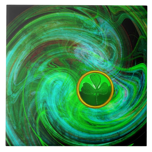 ST PATRICKS DAY SHAMROCK IN BLUE GREEN FRACTALS TILE (Front)