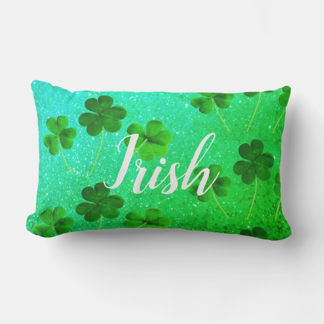 St Patrick's Day Shamrock Leaf Glitter Green Ombre Lumbar Pillow (Front)