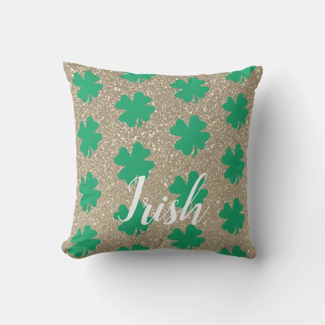 St Patrick's Day Shamrock Leaf Green Gold Glitter Outdoor Pillow (Front)