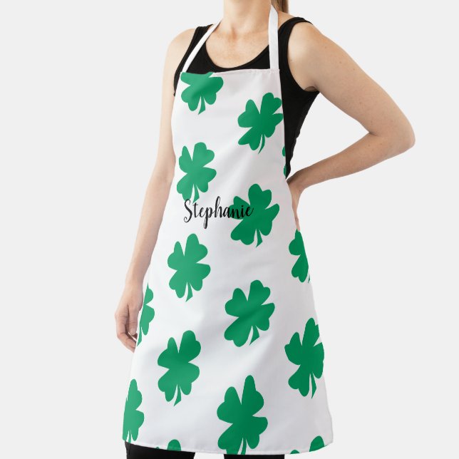 St Patrick's Day Shamrock Leaf Green White 2024 Apron (Insitu)