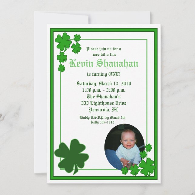 St. Patrick's Day Shamrock *PHOTO* Birthday 5x7 Invitation (Front)