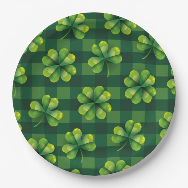 St. Patrick's Day Shamrock Plaid Paper Plate (Front)