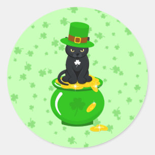 St. Patrick's Day Shamrock Pot of Gold Black Cat Classic Round Sticker