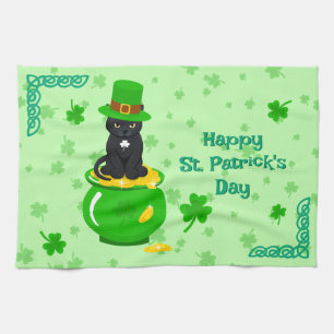 St. Patrick's Day Shamrock Pot of Gold Black Cat Kitchen Towel