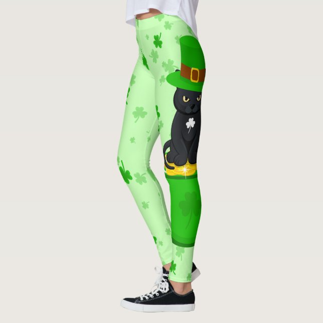 St. Patrick's Day Shamrock Pot of Gold Black Cat Leggings (Left)