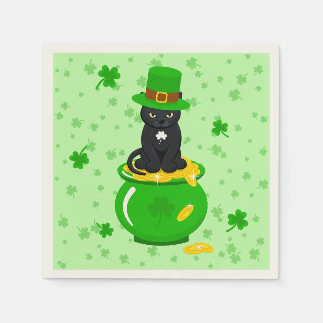 St. Patrick's Day Shamrock Pot of Gold Black Cat Napkin (Front)