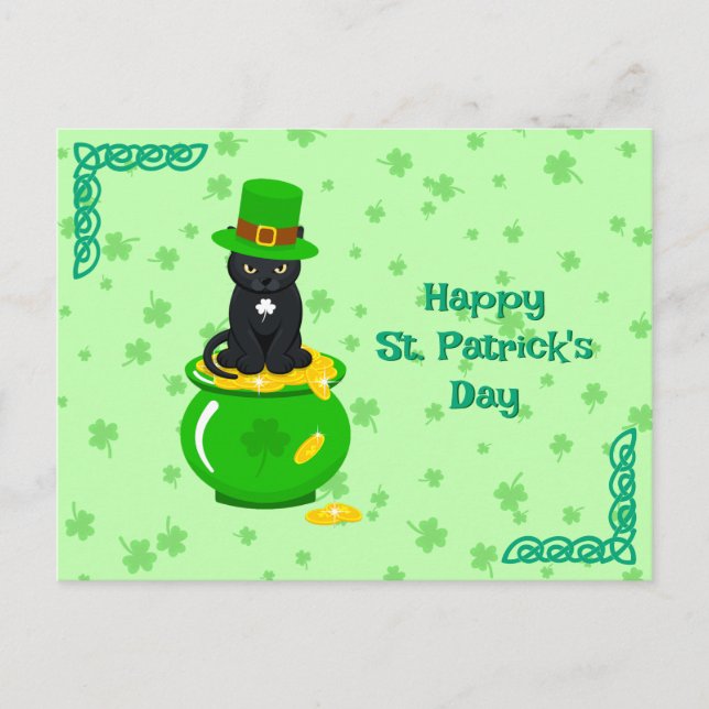 St. Patrick's Day Shamrock Pot of Gold Black Cat Postcard (Front)