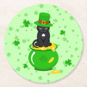 St. Patrick's Day Shamrock Pot of Gold Black Cat Round Paper Coaster