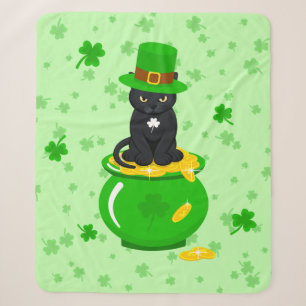 St. Patrick's Day Shamrock Pot of Gold Black Cat Sherpa Blanket
