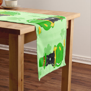 St. Patrick's Day Shamrock Pot of Gold Black Cat Short Table Runner