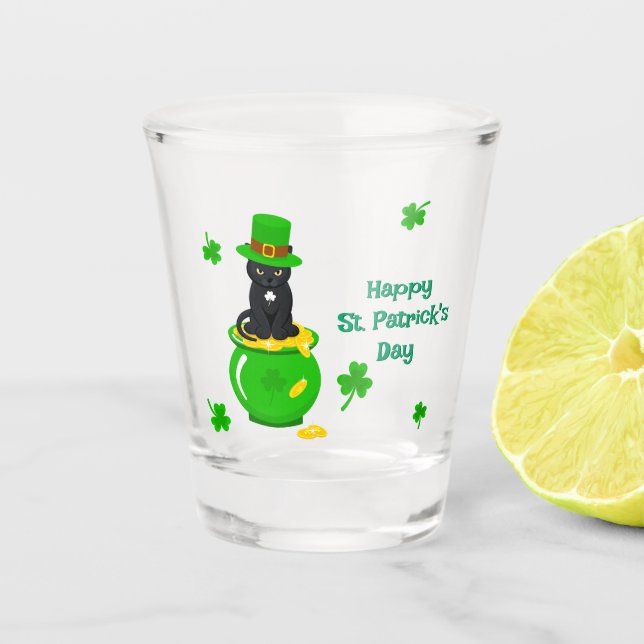 St. Patrick's Day Shamrock Pot of Gold Black Cat Shot Glass (Front)