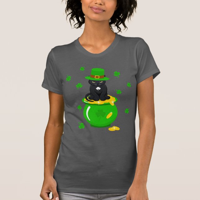 St. Patrick's Day Shamrock Pot of Gold Black Cat T-Shirt (Front)