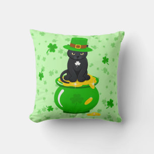 St. Patrick's Day Shamrock Pot of Gold Black Cat Throw Pillow