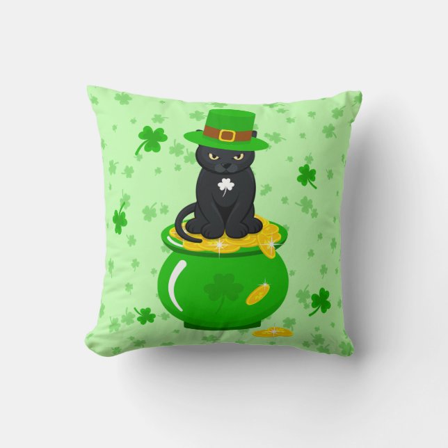 St. Patrick's Day Shamrock Pot of Gold Black Cat Throw Pillow (Front)