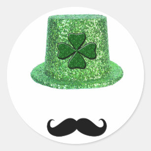 St. Patrick's Day Shamrock Sparkle Hat & Moustache Classic Round Sticker