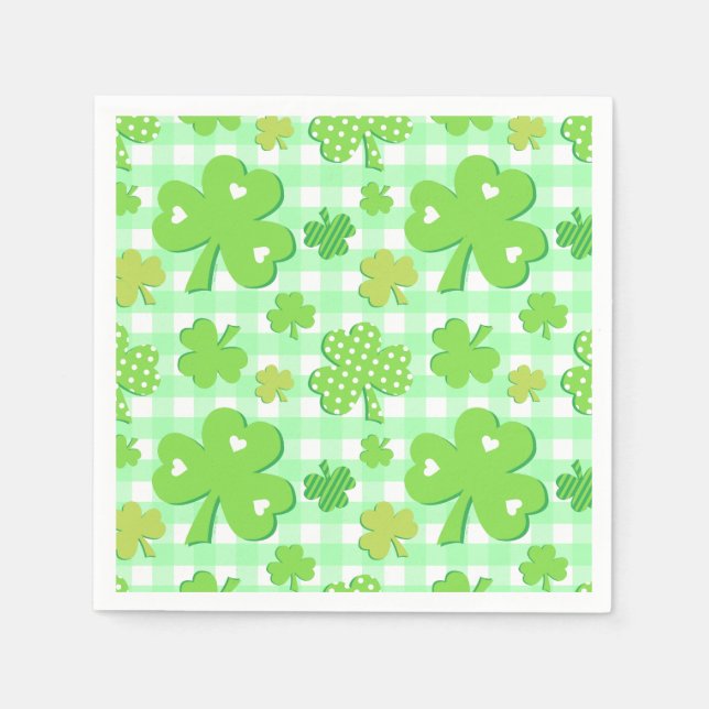 St Patrick's Day Shamrocks and Gingham Pattern Napkin (Front)
