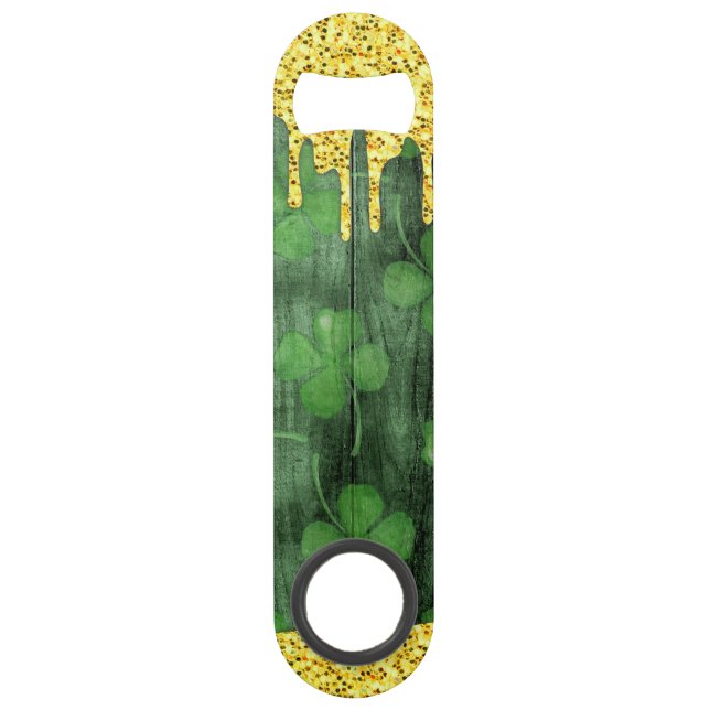 St. Patrick's Day Shamrocks Glitter Gold Drips Bar Key (Front)