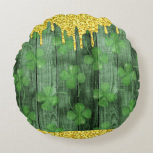 St. Patrick's Day Shamrocks Glitter Gold Drips Round Pillow