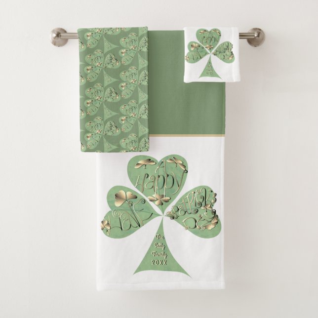 St. Patrick's Day Shamrocks White Grey Green Bath Towel Set (Insitu)