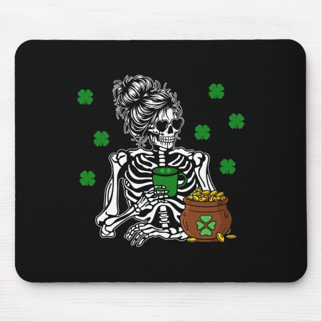 St Patricks Day Skeleton Messy Bun Coffee Saint Pa Mouse Pad (Front)