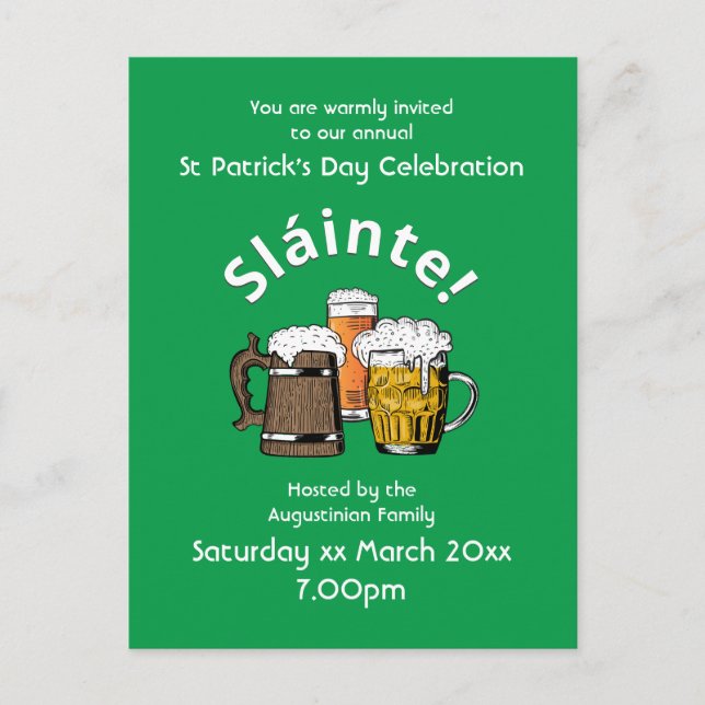 St Patricks Day Sláinte Cheers & Beers Party Invitation Postcard (Front)