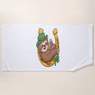 St Patrick's Day Sloth Horseshoe Lucky Beach Towel