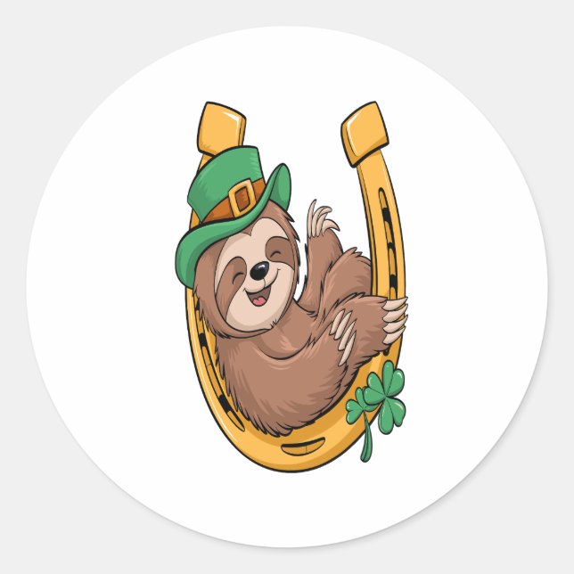 St Patrick's Day Sloth Horseshoe Lucky Classic Round Sticker (Front)