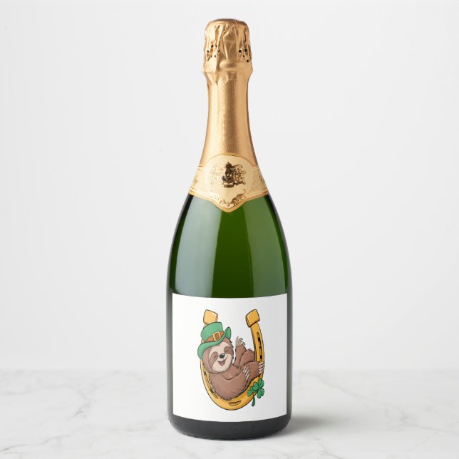 St Patrick's Day Sloth Horseshoe Lucky Sparkling Wine Label (Front)