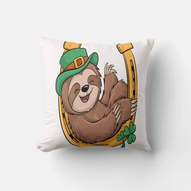 St Patrick's Day Sloth Horseshoe Lucky Throw Pillow (Front)