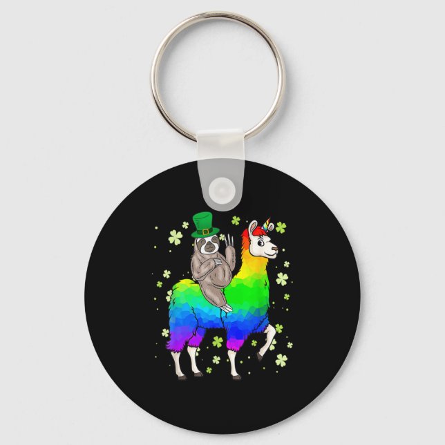 St Patricks Day Sloth Riding Llama Leprechaun T Sh Keychain (Front)