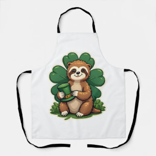 St Patricks Day Sloth Vintage Lucky Clover Art 2 Apron