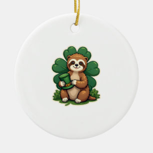 St Patricks Day Sloth Vintage Lucky Clover Art 2 Ceramic Ornament