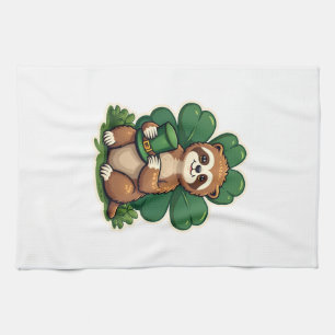 St Patricks Day Sloth Vintage Lucky Clover Art 2 Kitchen Towel