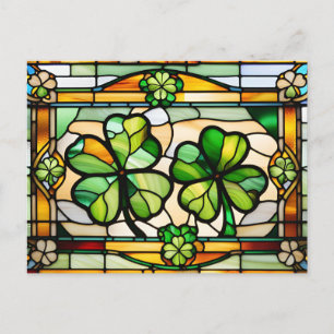 St. Patrick's Day Stained Glass Lucky Clover Leaf Holiday Postcard