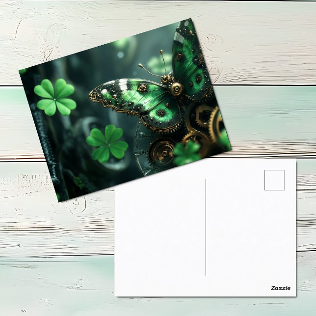 St. Patricks Day Steampunk Butterfly Holiday Postcard (Steampunk Green Butterfly St. Patrick's Day postcard)
