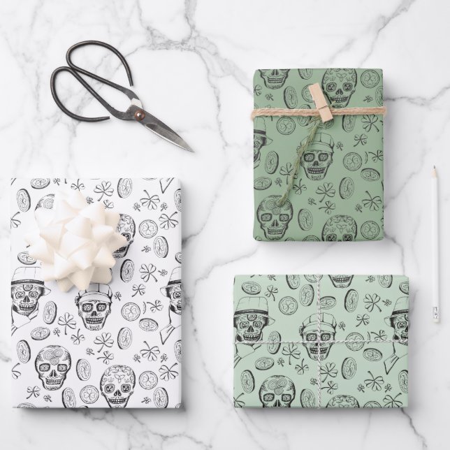 St Patricks Day Sugar Skull and Shamrock Green Wrapping Paper Sheet (Front)