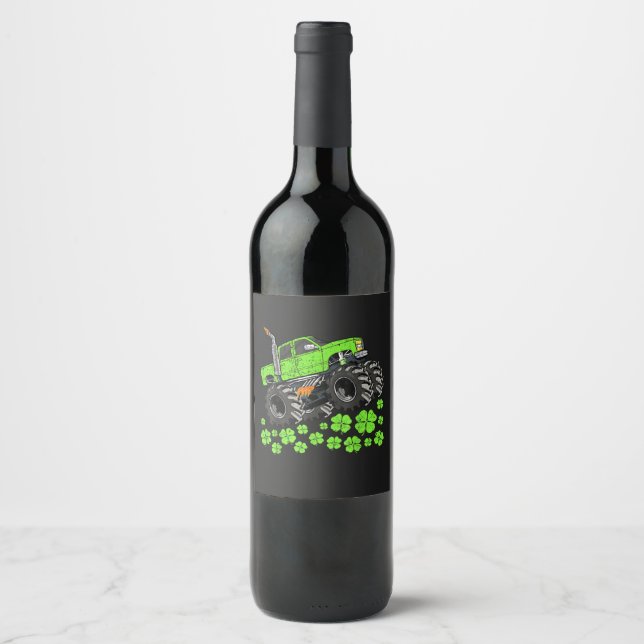 St Patricks Day Toddler Lucky Monster Truck Wine Label (Front)