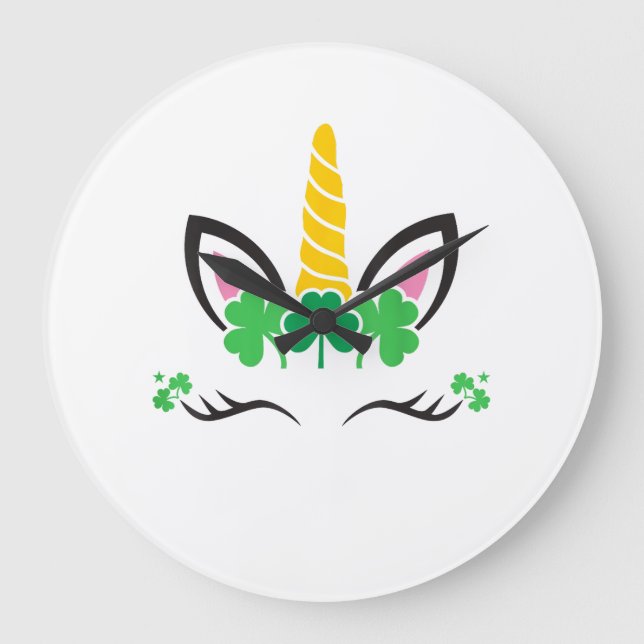St Patrick's Day Unicorn Face Leprechaun Irish Gir Large Clock (Front)
