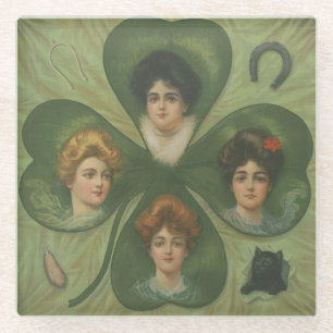 St. Patrick's Day Vintage Clover Lady Luck Art Glass Coaster