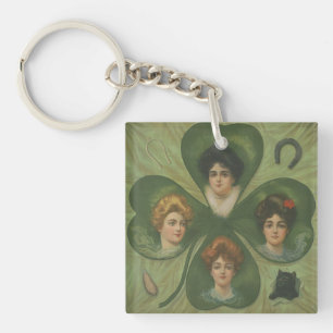St. Patrick's Day Vintage Clover Lady Luck Art Keychain