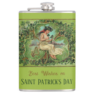 St. Patrick's Day Vintage Girl with Shamrocks  Hip Flask