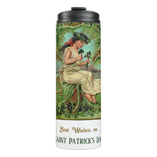 St. Patrick's Day Vintage Girl with Shamrocks Thermal Tumbler