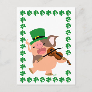 St Patrick's Day violinist pig postcard