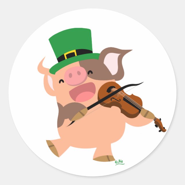 St Patrick's Day violinist pig round sticker (Front)